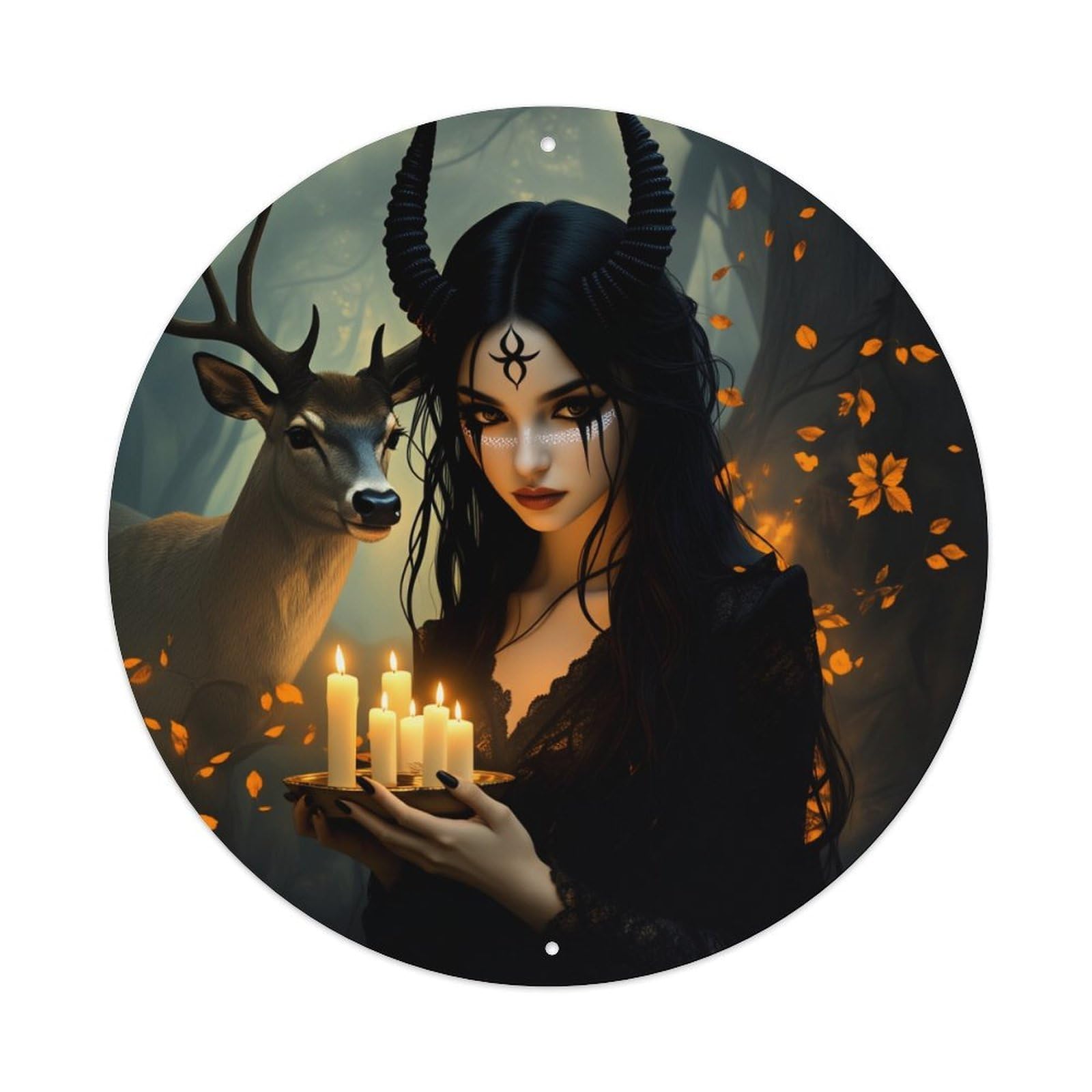 Wmlzdnwr Vintage Mystic Woman With Horns And Candles In Forest Round Tin Sign,Retro Wall Art,Metal Poster For Home, Bar, Garage, Cafe, Rustic Indoor & Outdoor Decor, 8X8 Inches