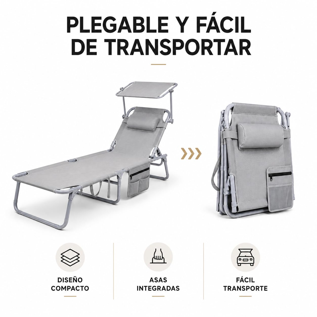 Pack 2 tumbonas Plegables con Parasol Ajustable y cojín reposacabezas – Respaldo multiposición, Bolsillo Lateral, Estructura metálica, jardín terraza Piscina y Playa, Gris