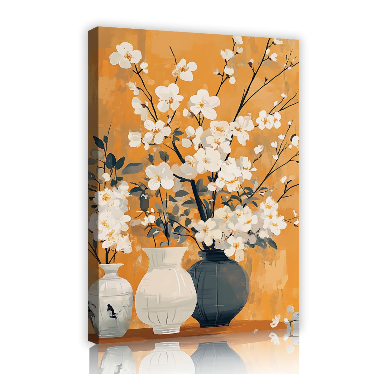 TOANGWALL Yellow Orange Canvas Wall Art White Flowers Ceramic Vases Painting Mustard Framed Art Prints Modern Poster Contemporary Mural Pictures Artwork For Bedroom Decor 70x100cm