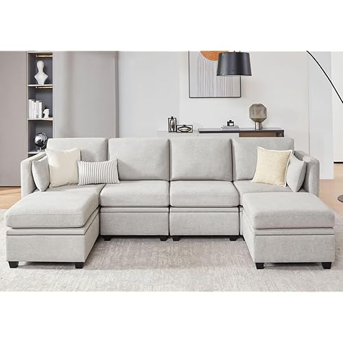 Modular Sectional Sofa with Storage, U Shaped Sectional Couch for Living Room, Convertible Modular Sofa Couch with Ottomans, High Supportive & Soft Sponge, 6 Seat, Grey