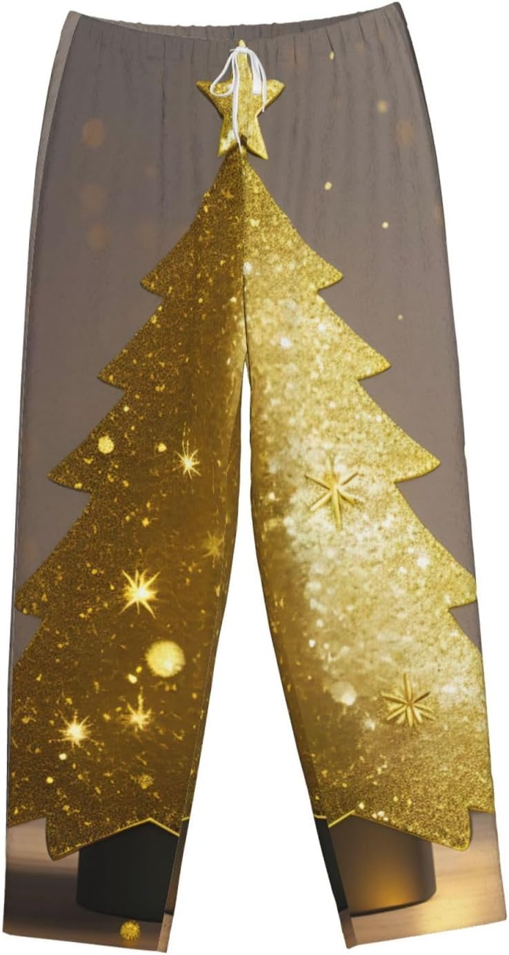 Golden Glitter Christmas Tree Print Women'S Flannel Pajama Pants,Soft Warm Pajama Bottoms,Perfect For Holiday Lounging