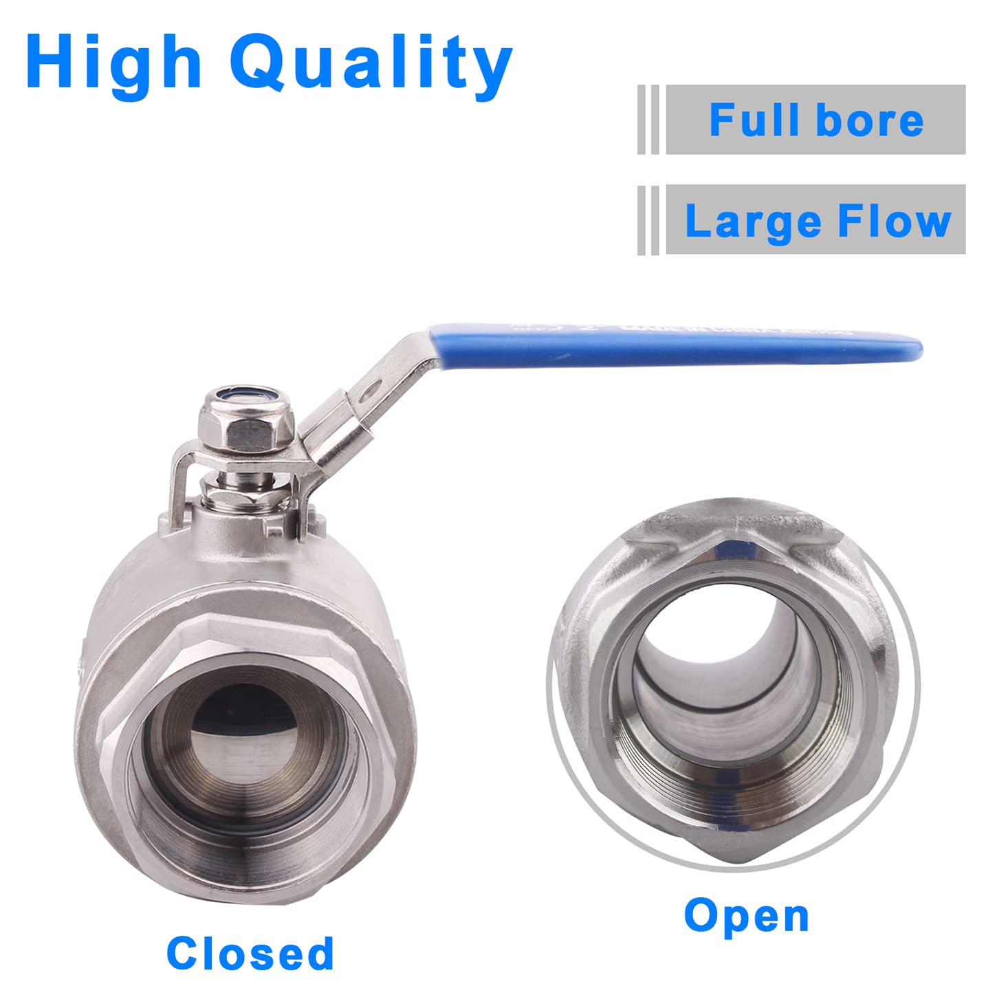 DERNORD Válvula de bola de acero inoxidable 304, 2 piezas de puerto completo resistente para WOG con dispositivo de bloqueo (2.5 pulgadas NPT)