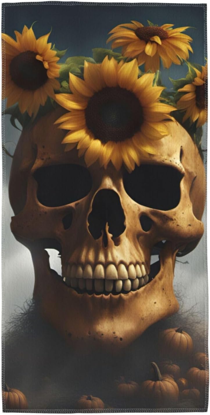 Sunflower Halloween Skull Print Hand Towels for Kitchen, Decorative Bathroom Towels Decor Farmhouse Cute for Men Women Gifts