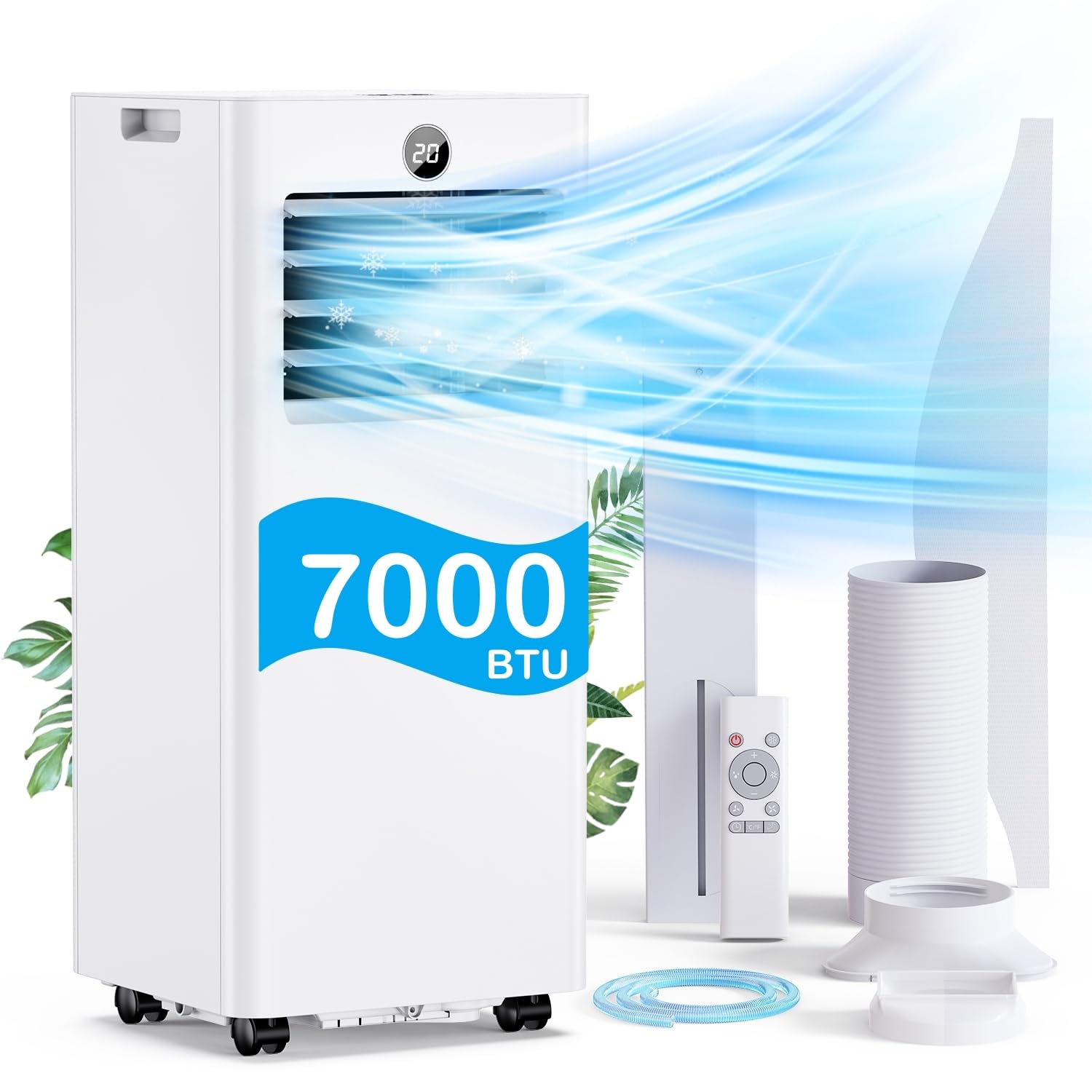 Climatiseur Mobile, Silencieux, 7000 BTU, Climatiseur Portable avec Kit Fenêtre, Refroidissement/Ventilation/Déshumidification/Mode Sommeil 4 en 1, Télécommande, Minuterie 24h, Idéal Chambre et Bureau