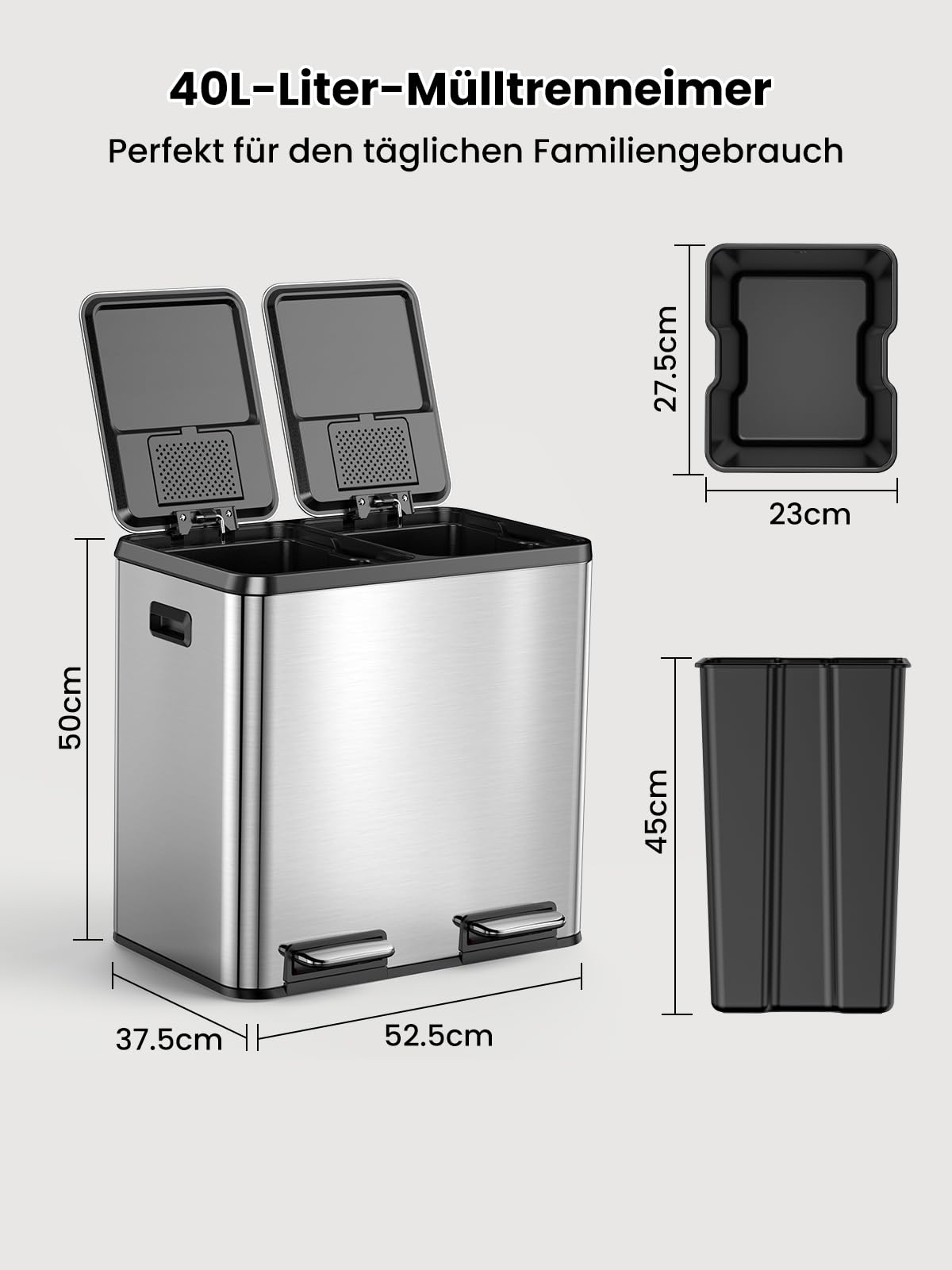 YEAUPE PRO Cubo de Basura Cocina 40L Doble 2x20L Acero Inoxidable, Pedal Soft Close, Cubetas Internas Extraíbles, Asas Laterales, Control de Olores, 15 Bolsas Incluidas