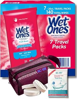 7-Pack Wet Ones®' Hand Wipes, Fresh Scent, 20ct Each (140 Wipes) + 10 Disposable Toilet Seat Covers + (1) Mesh Travel Bag & (3) Compressed Towels.