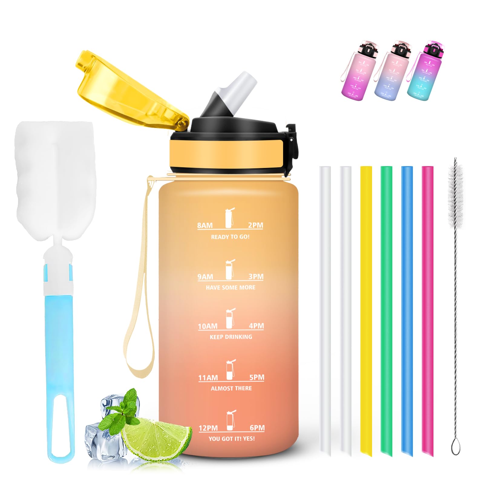Mujigaga 0.5L Kids Water Bottle with Straw Leakproof Motivational Water Bottle Easy Clean with Straw Brush for School Running Work