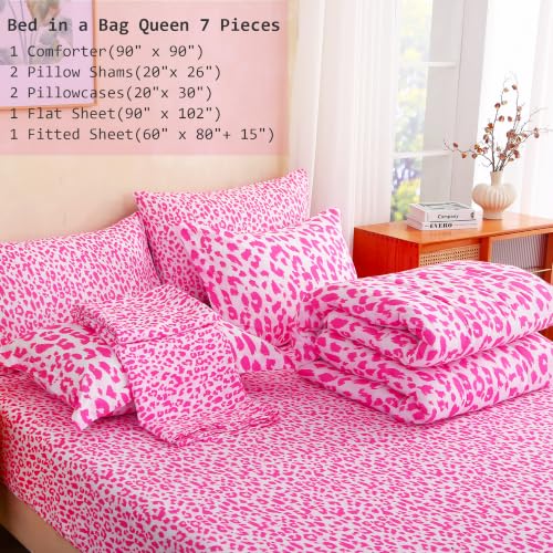 Image of lasoftan Leopard Queen Comforter Set with Sheets, 7 piece Luxury Vintage Bedding, Soft Microfiber Bed in a Bag, Cozy Lightweight Bed Set, Hot Pink Cheetah Print