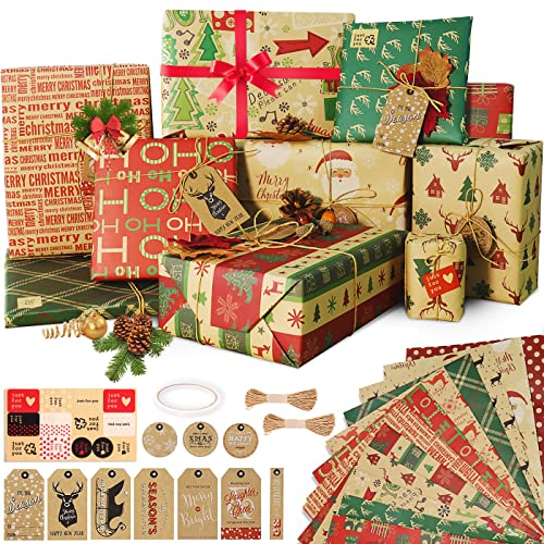 Jiosdo Geschenkpapier Weihnachten Set, 12 Blatt Recycling Geschenkpapier, 70 X 50 cm Geschenk Papier Weihnachten Set Mit Jutesaiten, Kraft Geschenkpapier Weihnachten Xmas Weihnachtsgeschenkpapier Cover