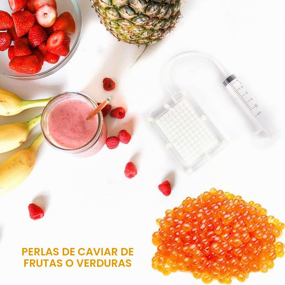 Kit Gastronomía Molecular - Set Fabricante De Caviar | Herramientas Pipeta Esferificación | Dispensador Salsa Huevas 100 Agujeros Con Colador, Cuchara & Jeringa Para Cocina Creativa, Experimentos