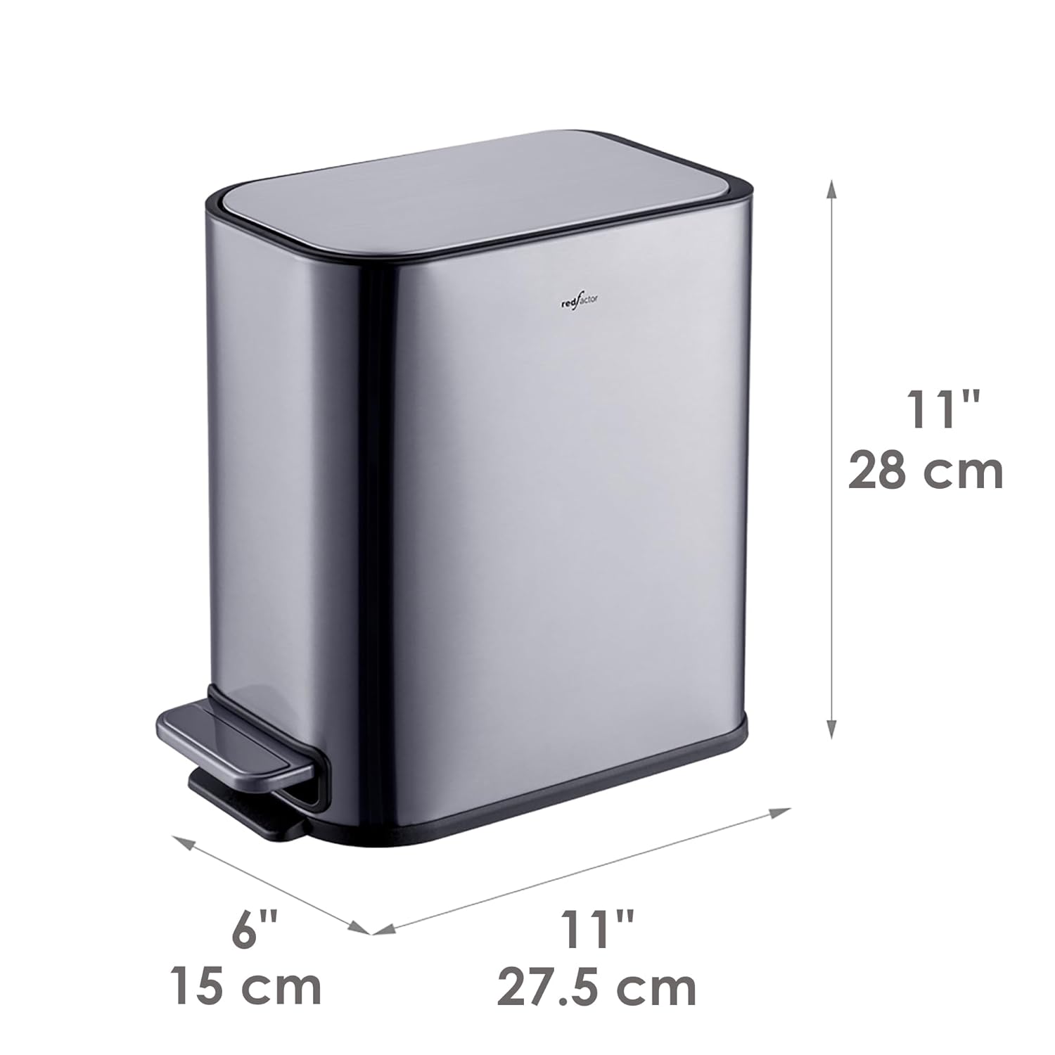 RED FACTOR Slim 1.3 Gallon Stainless Steel Pedal Trash Can with Soft Close Lid for Narrow Spaces – Small Wastebasket Bin with Removable Inner Bucket (Metallic Grey)