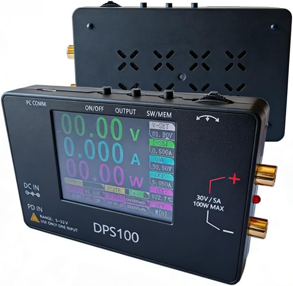 DPS100 DC Power Supply, 30V 5A Adjustable 100W, 2.4'' IPS Display, Low Ripple <20mV, PD/QC/DC Input, Mini Portable Switching Bench Power Supply for Electronics Lab, Repair, DIY (No Adapter)
