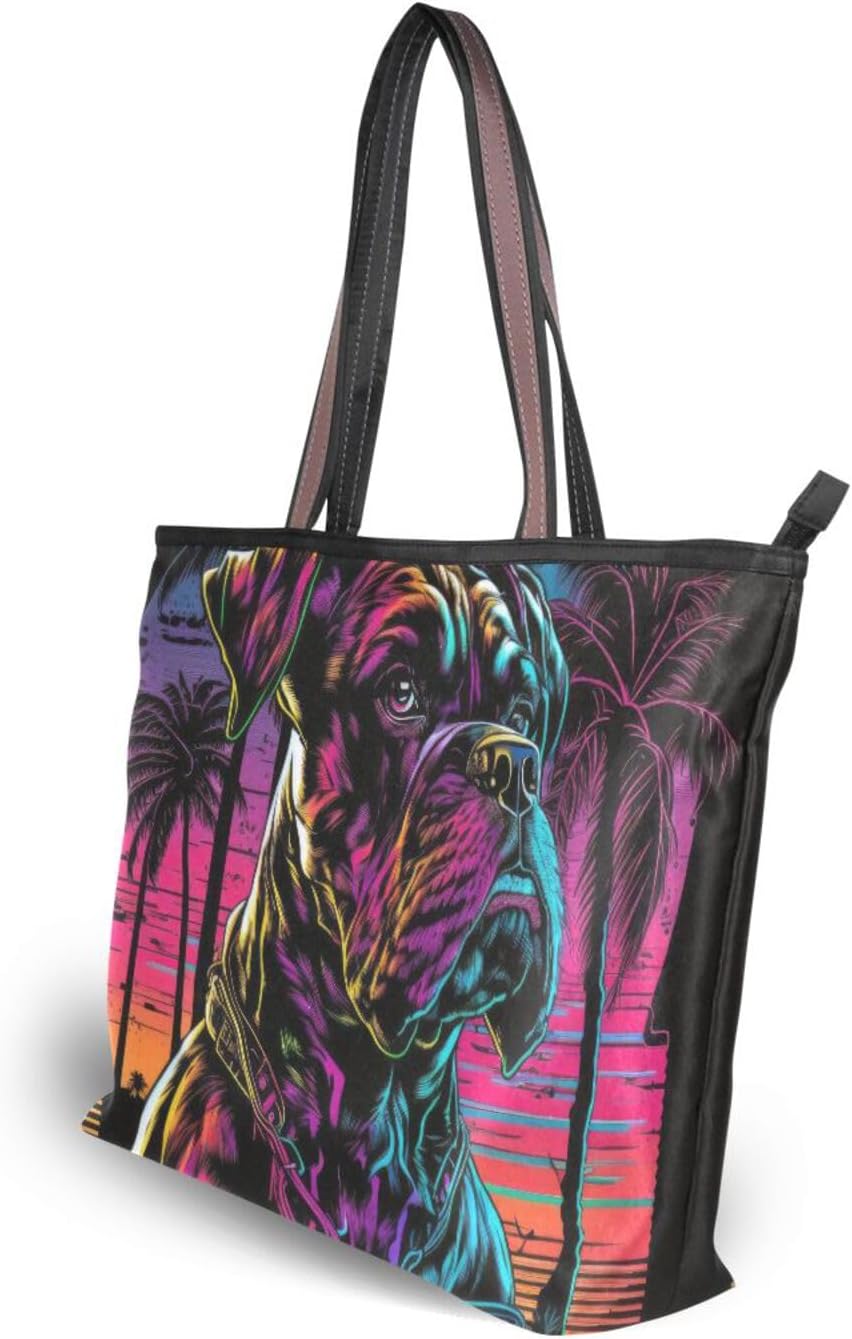 Tote Bag for Women (80s Style Boxer Dog), Zipper Purse Shoulder Bag Handbag Reusable Grocery Bag