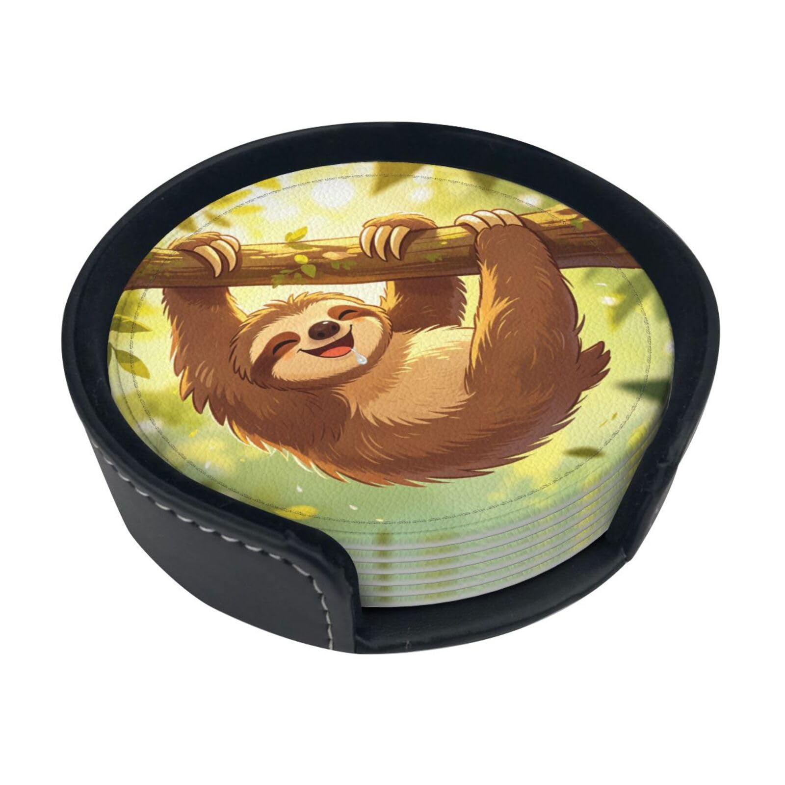 Happy sloth Leather Coasters-Set of 6 with Storage Holder