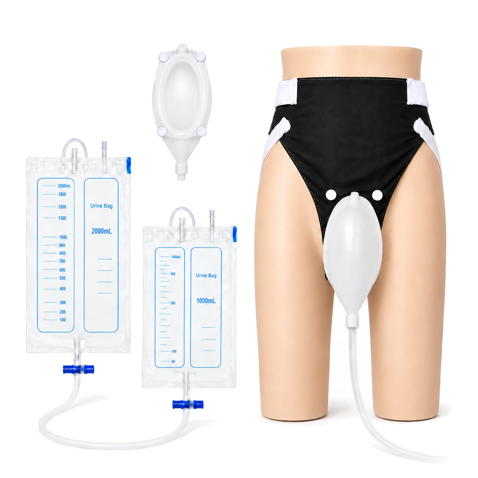 Cozy Wearable Urine Collector Set with Soft Silicone Capsule Breathable Cotton Fixing Pants 2 Leak-Proof Urinary Drainage Bags 2000ml &amp; 1000ml Flexible 1.2M Catheter, Elderly Men Black