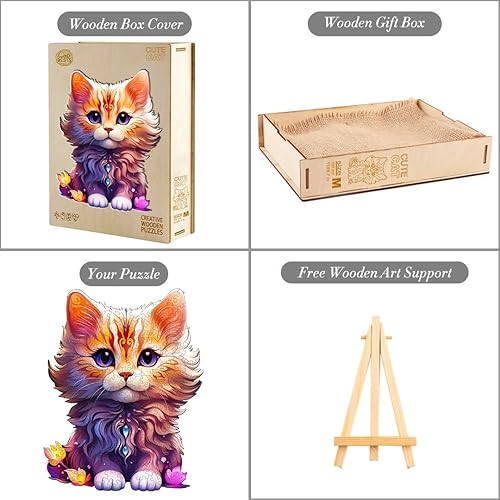 Miniatura 4 de Rompecabezas de madera, con forma de gato linda, 190 piezas de 11 x 8.7 pulgadas. Rompecabezas ecológico con forma de animal único, regalo de