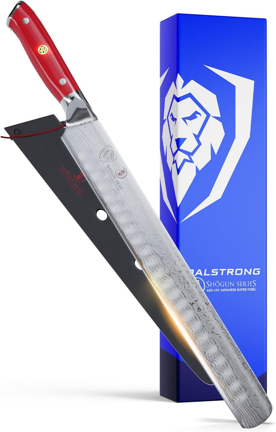 Slicing Carving Knife - 12" Granton Edge - Shogun Series - Japanese AUS-10V Super Steel - Damascus - Vacuum Treated - Crimson Red ABS Handle - Sheath