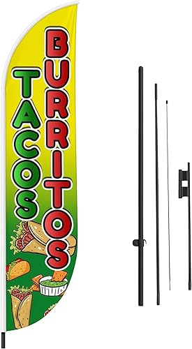 DreamController - Bandera de plumas de tacos y burritos (11.5 pies x 2.5 pies)  Bandera alta para publicidad de negocios al aire libre  Bandera