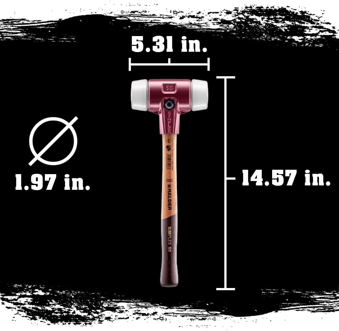 Halder Simplex Mallet 50mm – Superplastic Inserts, Cast Iron Housing with Protection Sleeve, Varnished Hickory Handle, Non-Marring Hammer for Construction, Paving & Assembly – 3007.050