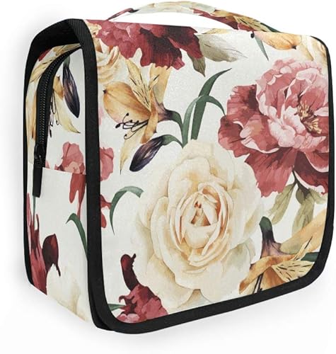 AUUXVA Bolsa de maquillaje de viaje con estampado de rosas y flores vintage, organizador portátil, estuche para cosméticos, soporte para brochas