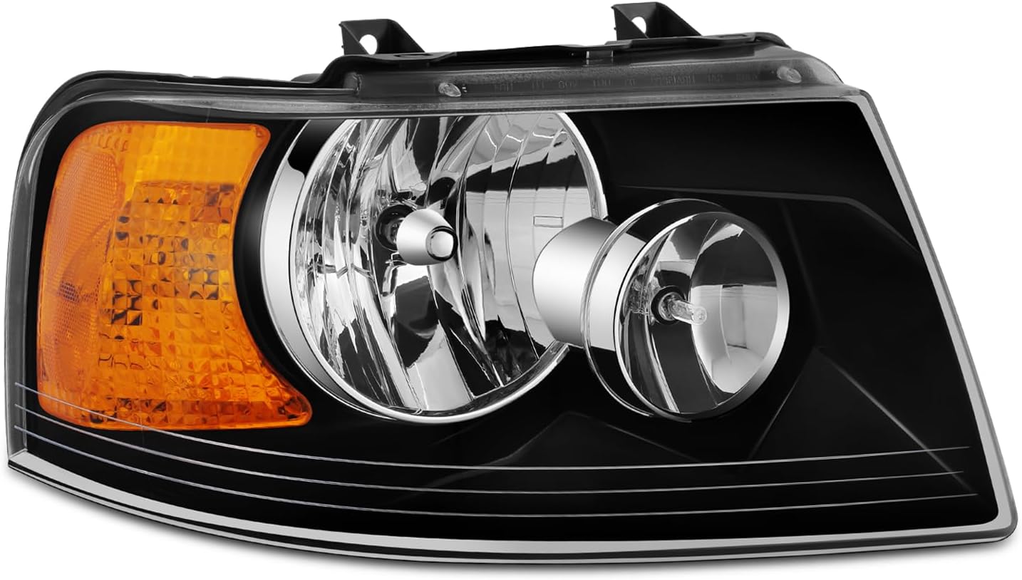 Auto Dynasty Headlights Assembly Compatible with 2003 2004 2005 2006 Ford Expedition, Right Side Halogen Headlamp Replacement w/Black Bezel, FO2503198, SAE/DOT Approved, Black Housing Amber Corner