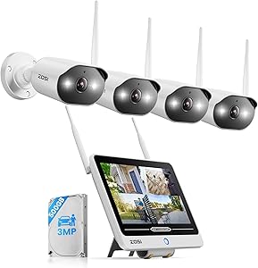 ZOSI 2K Wi-Fi 6 Outdoor Surveillance Camera Set with 12 Inch Monitor NVR, 500 GB HDD, 4 x 3MP WLAN Camera with 2-Way Audi…