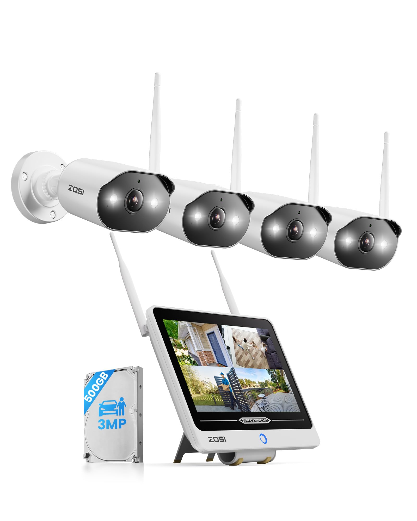 ZOSI 2K Wi-Fi 6 Überwachungskamera Set Aussen mit 12" Monitor NVR, 500GB HDD, 4X 3MP WLAN Kamera mit 2 Wege Audio, KI Personenerkennung, Farbnachtsicht