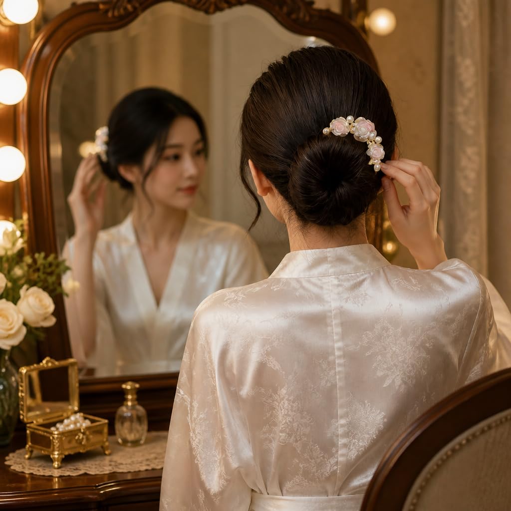 3Pcs Pearl Rose U Shaped Hair Pins Metal Bridal Wedding Forks image 4