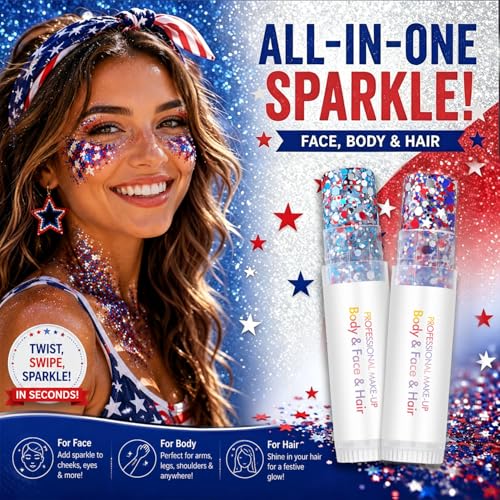4th of July Body Glitter Stick (2PCS), Red White Blue Hair Glitter Stick, 250 Anniversary USA Merchandise, American Flag Makeup for Independence Day 250 Anniversary, Waterproof Face Glitter for Women — view 4