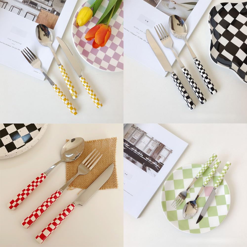 (12 Stück) Schachbrett Keramik Griff Küche Edelstahl Besteck Geschirr Besteck Set Steak Messer Gabel Löffel Teelöffel (Gelb)