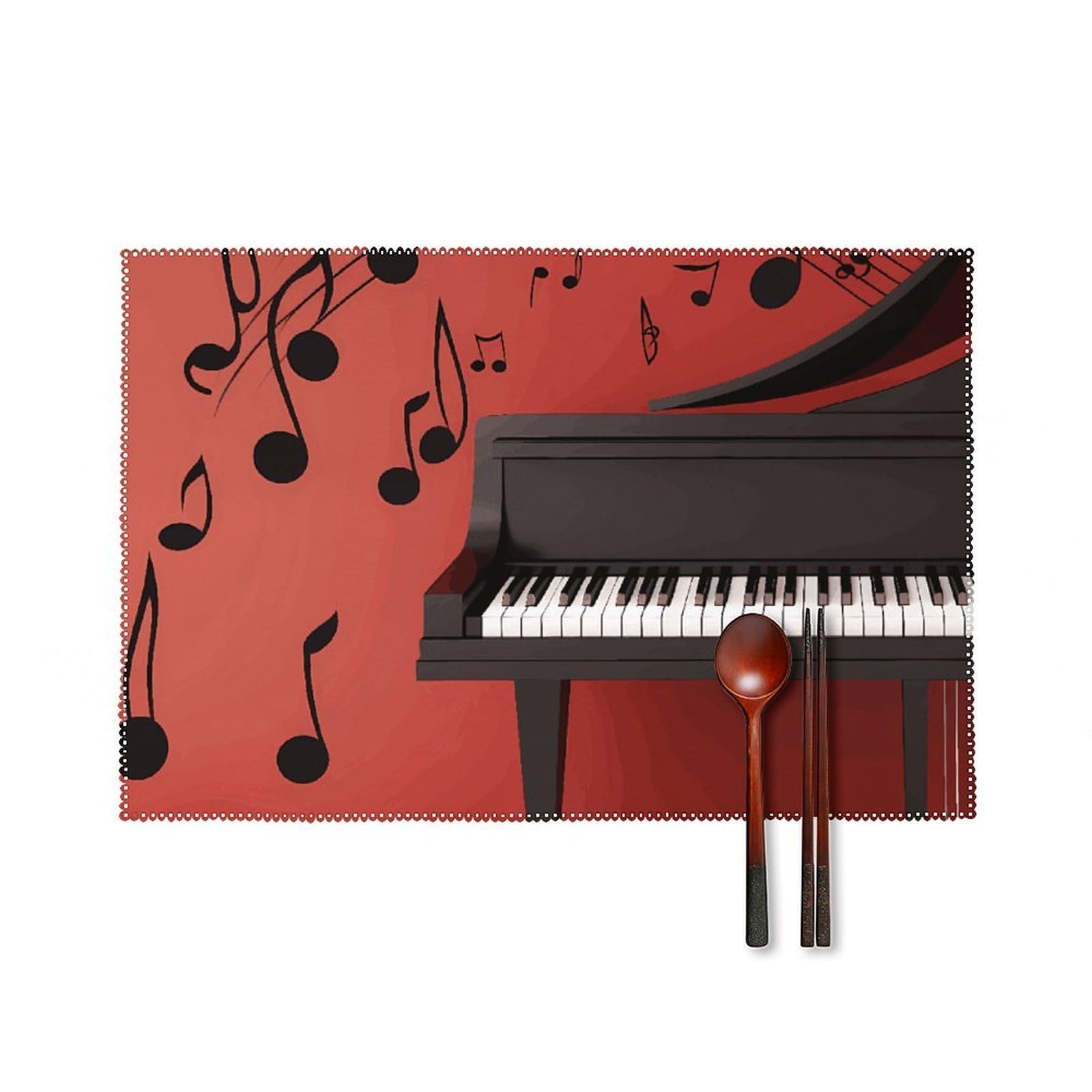 Music Note Piano Placemats Set of 6, 12x18 Inch Heat Resistant Washable Canvas Table Mats, Stain Resistant Decorative Dining Placemats for Kitchen, Restaurant, Outdoor Party