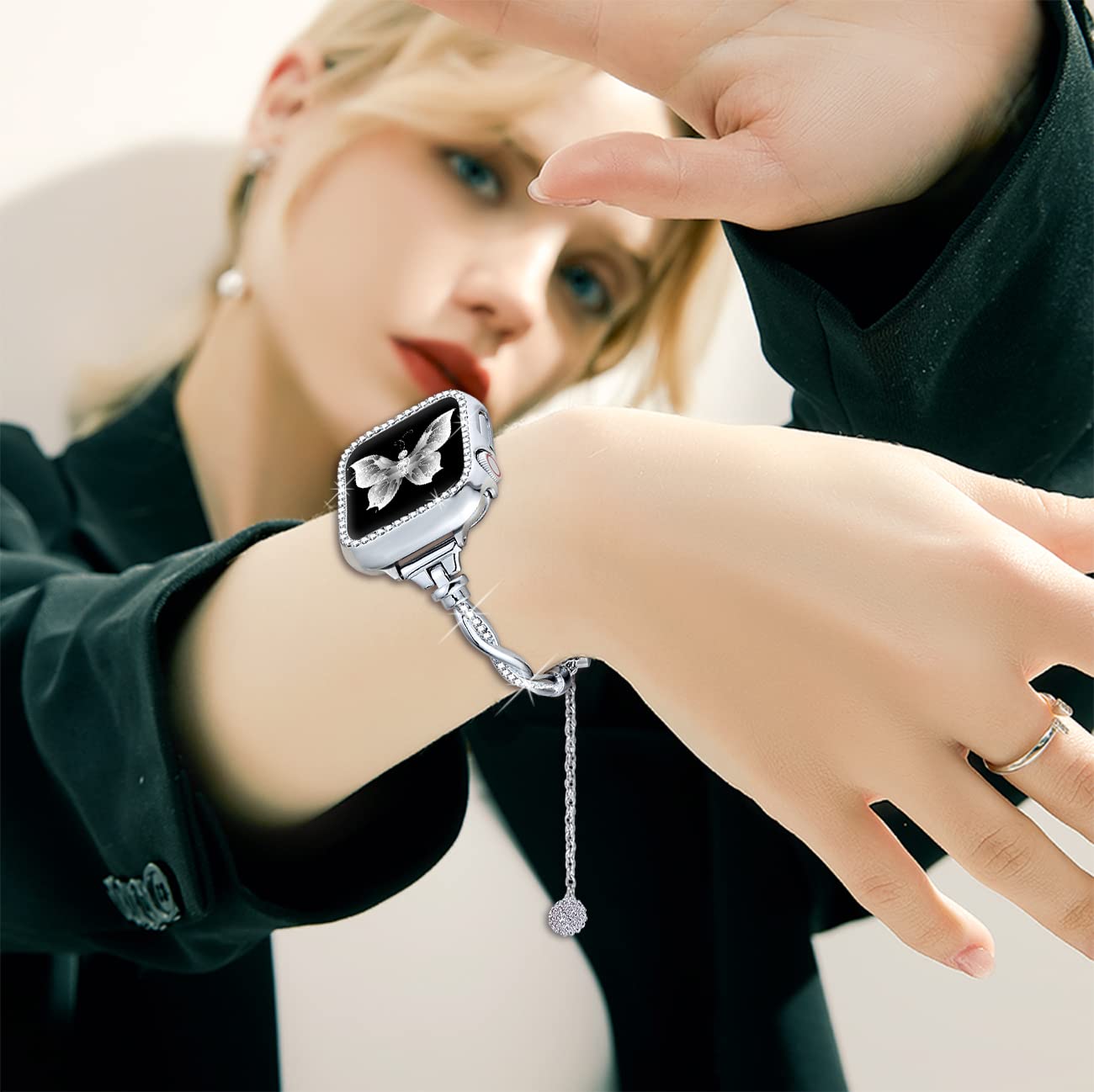 Dilando Bling Band and Case Compatible with Apple Watch Band Bracelet 38mm 40mm 41mm 44mm 45mm 42mm Women, Slim Dressy Metal Strap Rhinestone Bumper for Iwatch SE&Series 9 8 7 6 5 4 3 2 1(Silver,41mm)