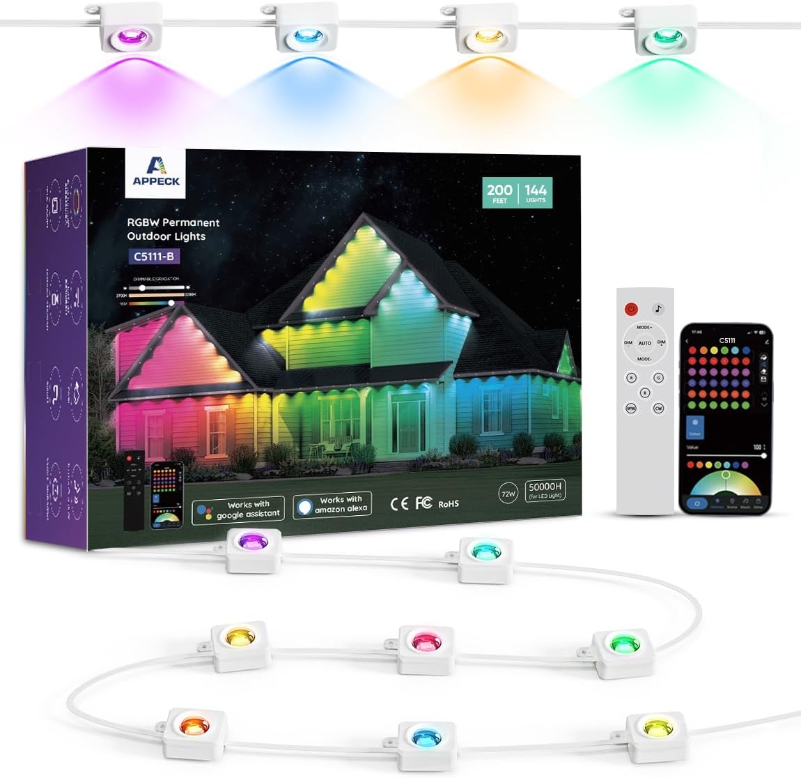 APPECK Permanent Outdoor Lights 200ft with 144 LED Lights, 72W Smart RGBW Eaves Lights, DC 36V, 40LM, IP67 Waterproof String Lights for Halloween Christams Decor, Compatible with Alexa, White