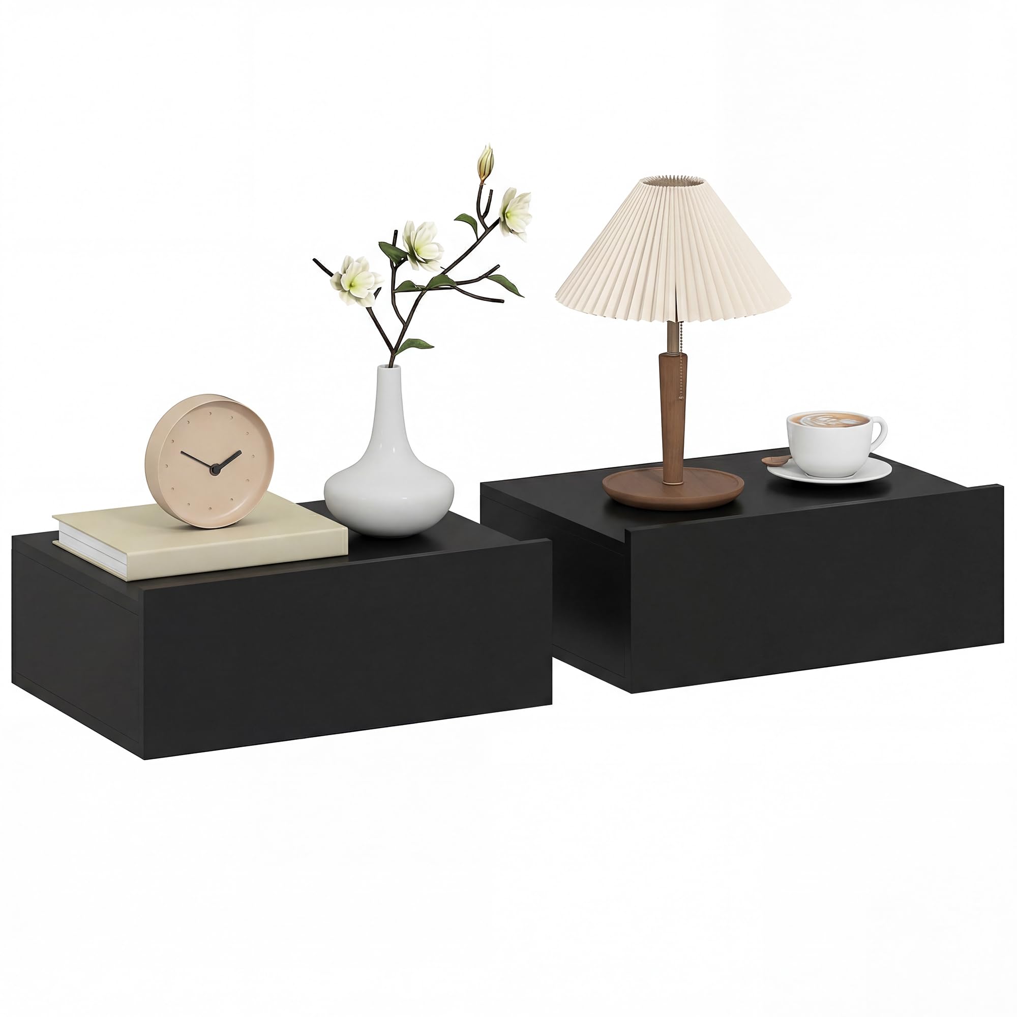 HOMCOM Set di 2 Comodini Camera da Letto Sospesi con Cassetto, Coppia di Comodini Moderno in Legno, Tavolini per Divano, Soggiorno, Salotto e Camera, 40x30x15 cm, Nero
