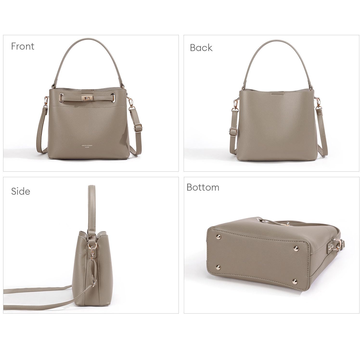 David Jones - Sac à Main Seau Porté Epaule - Sac à Main Bandoulière Taille Moyenne - 3 Compartiments Plusieurs Poches - Elégant Classique Chic Ville Tendance Designer Bucket Bag
