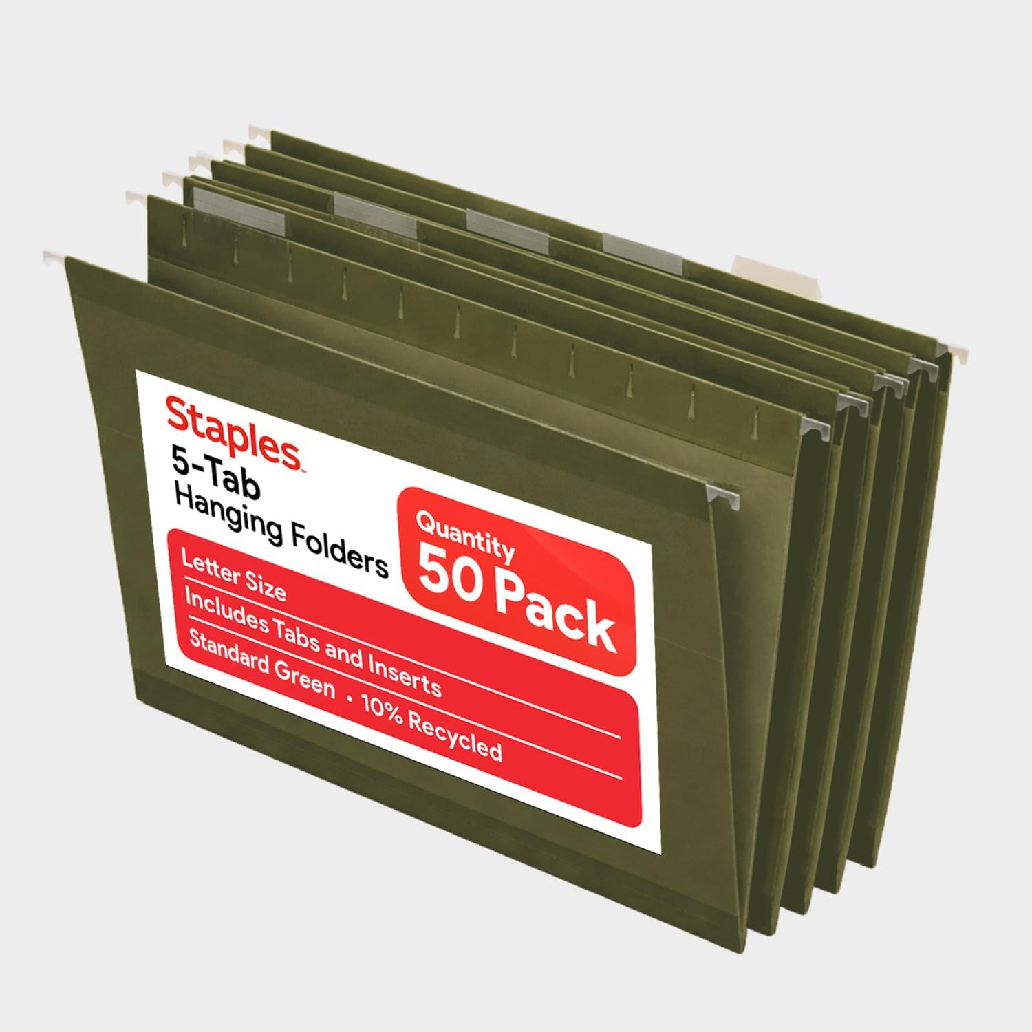 Staples Hanging File Folders, Letter Size, 1/5‑Cut Tabs, Standard Green, Includes Tabs & Paper Inserts – 50/Pack