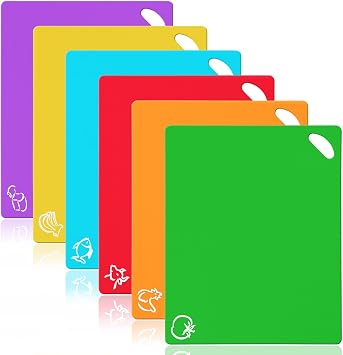 Vicloon Plastic Chopping Board Set, 6Pcs Flexible Kitchen Plastic Cutting Board Mats with Food Icons, Non Slip Antimicrobial Easy Hanging Boards, Dishwasher Safety