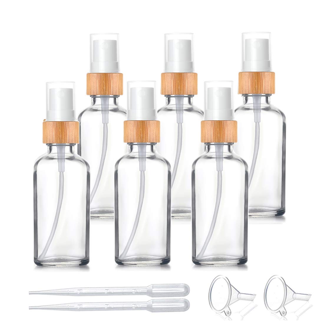6 Pack,1.7 oz Clear Glass Atomizer Bottle for Essential Oils,Empty Portable Glass Perfume Spray Bottle with Bamboo Cap Travel Fine Mist Vial Liquid