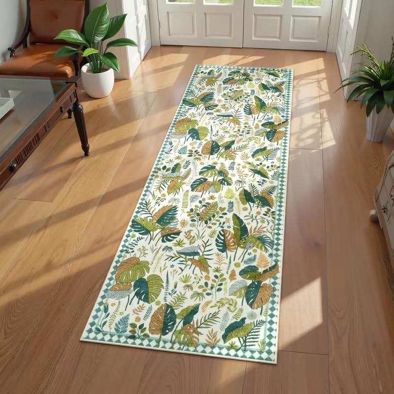 Alfombra bohemia para dormitorio estilo jungla verde que transforma tu salón en un oasis suave