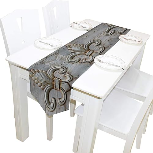 WOOR Camino de mesa de estaño de doble cara con detalle de flor de lis, 13 x 70 pulgadas de largo, mantel para bodas, fiestas, vacaciones, cocina,