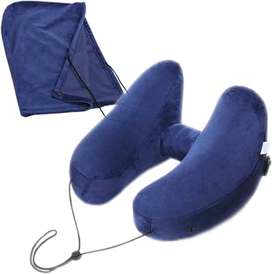 Neck Pillow for Traveling, Inflatable, Turtle Neck Pillow for Airplane Travel w/Travel Bag | Feather Soft Microfiber Neck Pillow, Travel Accessory | Quickly Inflate in Seconds, Hood Included, Blue
