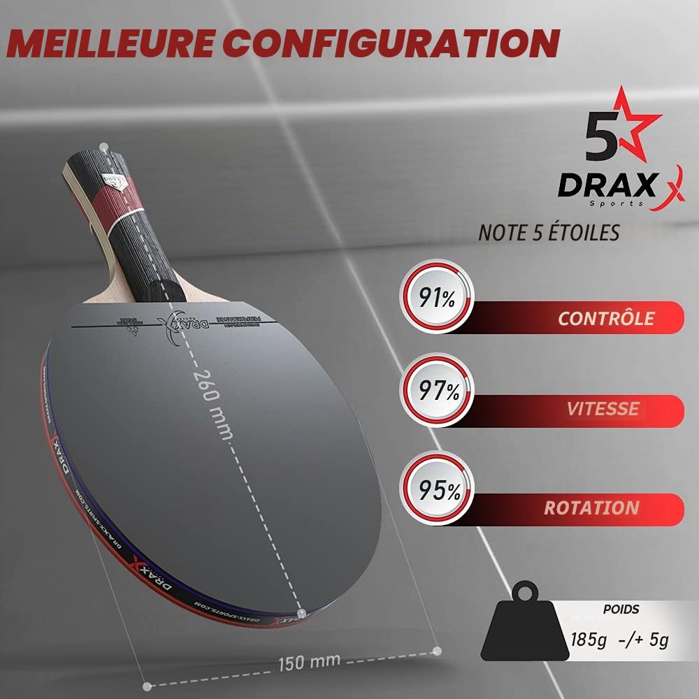 Raquette de Ping-Pong Carbone 5 Étoiles, Éponge 2mm, Effets Faciles, Légère et Rapide | Entraînement Compétition Club Loisir