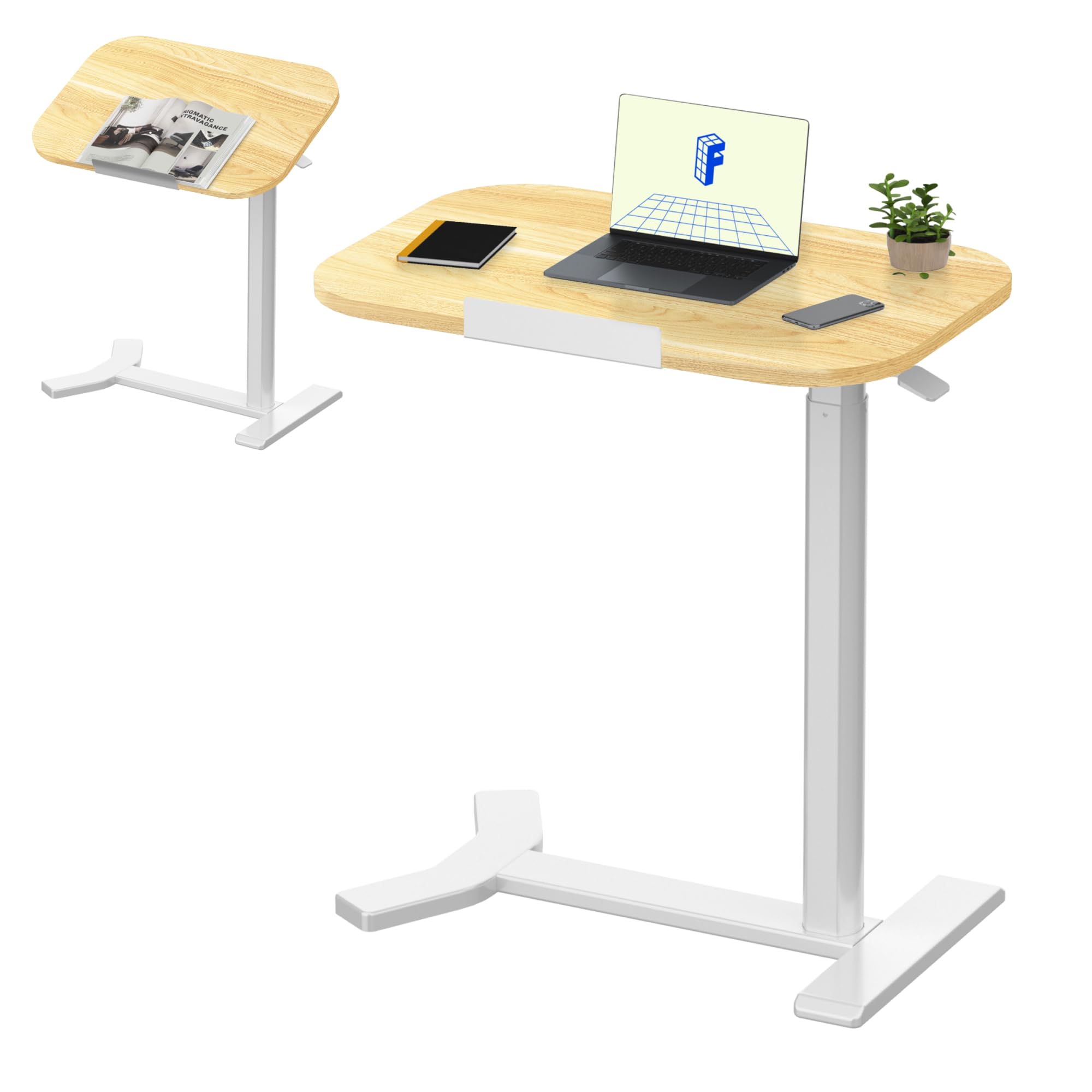 FLEXISPOT Standing Desk Height Adjustable Overbed Sit Stand Up Desk with Desktop Stable Steel, 60 * 40cm (White Frame+Maple Top)