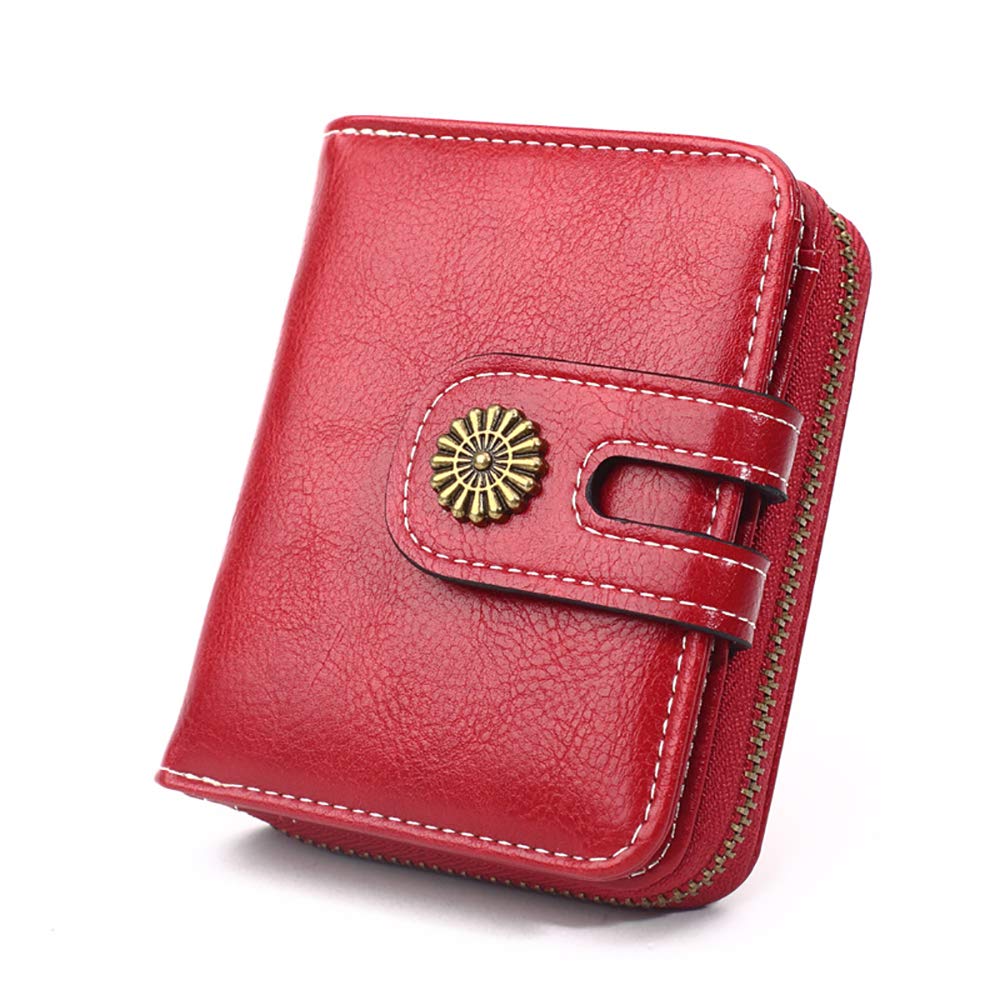 Womens Leather Wallet RFID Blocking Bifold Leather Wallet Multi Card Case Wallet with Zipper (Wine Red)