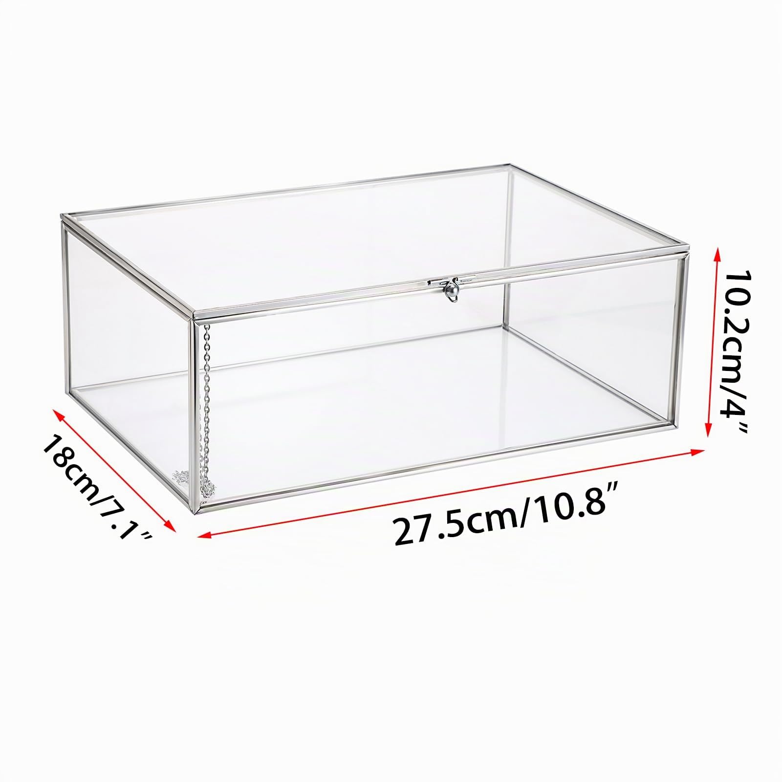 Caja de vidrio vintage extra grande con tapa - caja de joyería rectangular, vitrina de mesa de vidrio para anillos, pulseras, collares, caja de almacenamiento de vidrio (plata)