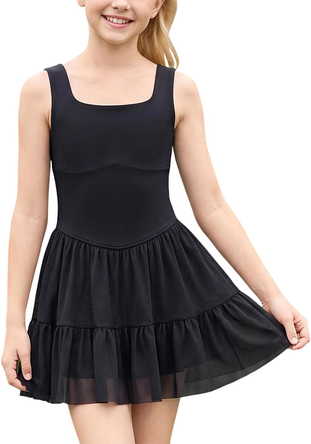 IMEKIS Girls Flowy Athletic Dress Built in Short | Kids summer sleeveless square neck one piece tennis dress workout romper for golf workout hiking running casual wear