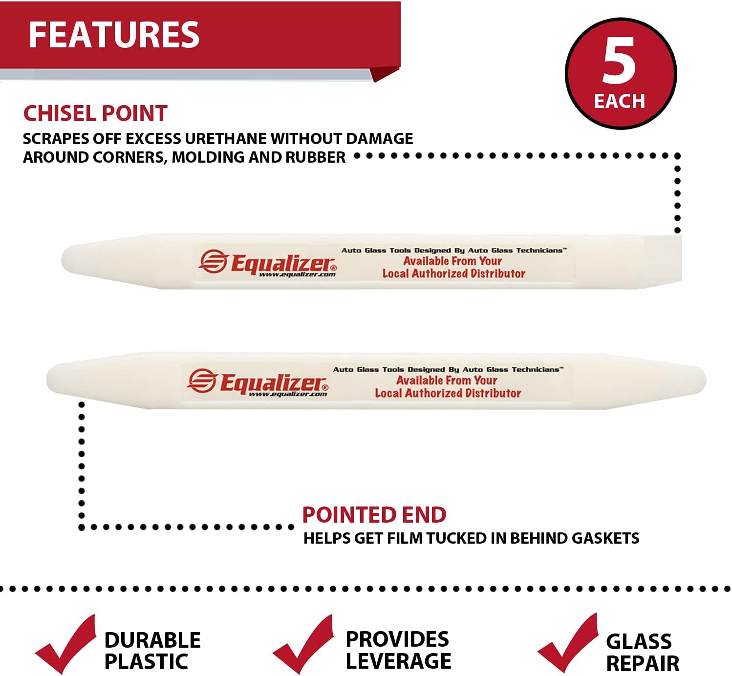 Equalizer Industries Installation Stick 10 Pack - Glass Tool Chisel Point and Tapered End ISC741 and IS742, White