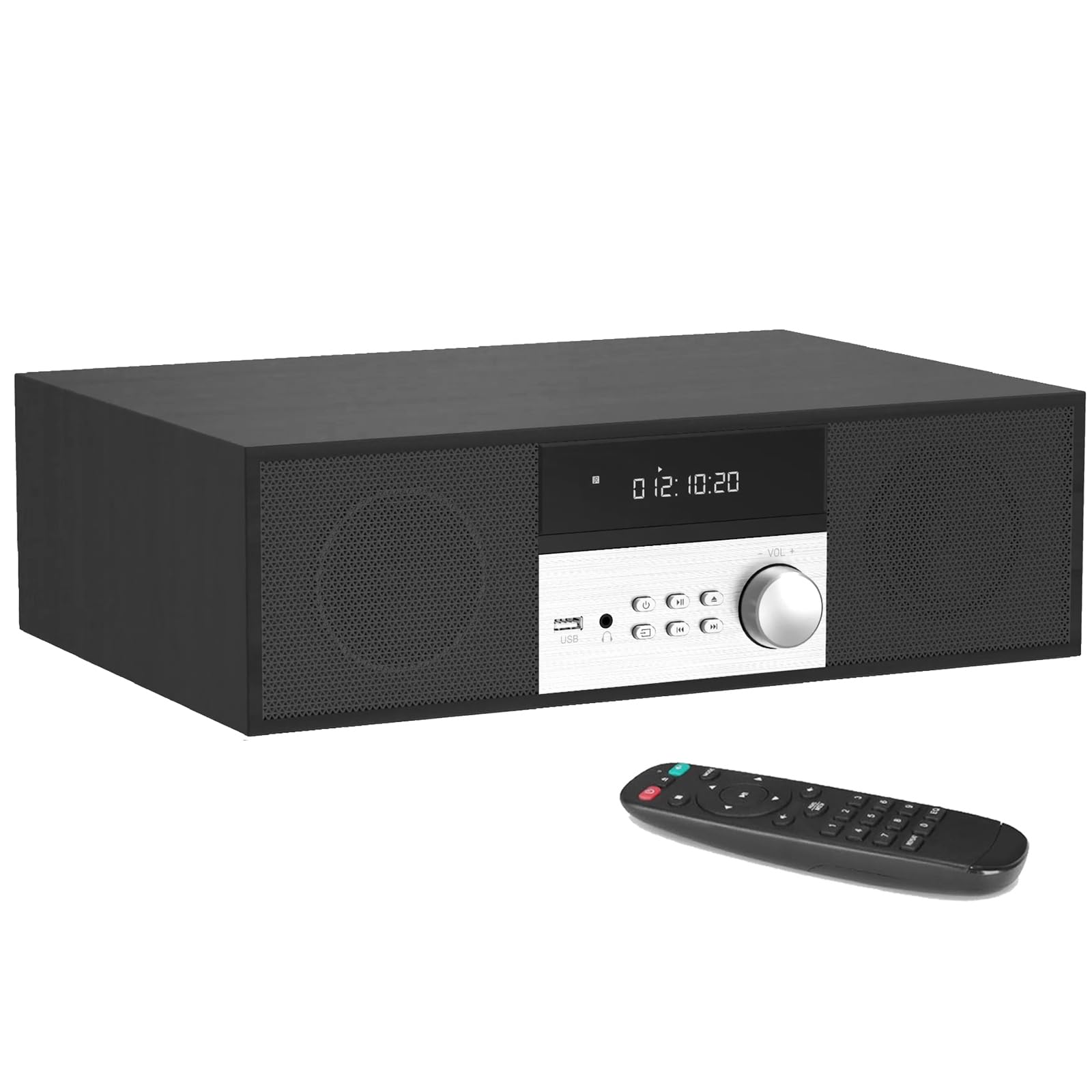 LONPOO Compact Stereo System with CD Player, Bluetooth, FM Radio, AUX-in, USB, DSP-Tech, Black, Classic Boombox Style, Built-in Stereo Speakers