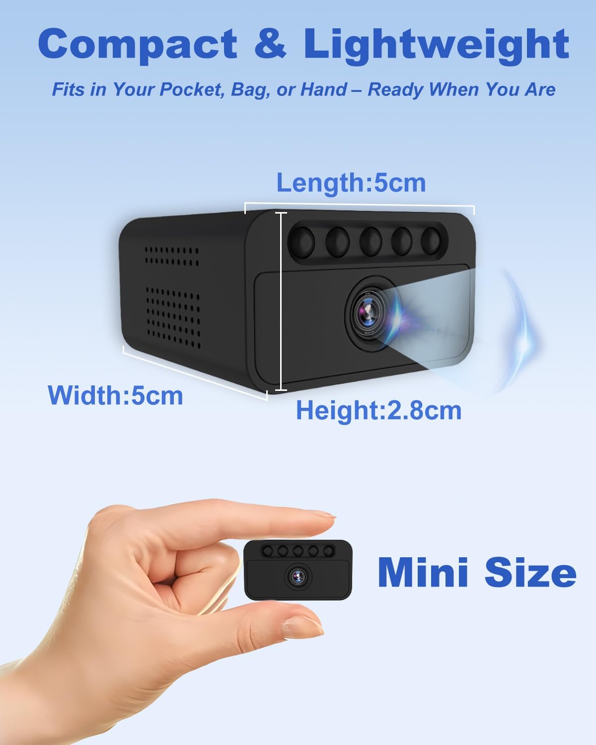 Bextgoo Mini Spy Camera ESW106 showing its compact size and dimensions: Length 5cm, Width 5cm, Height 2.8cm.