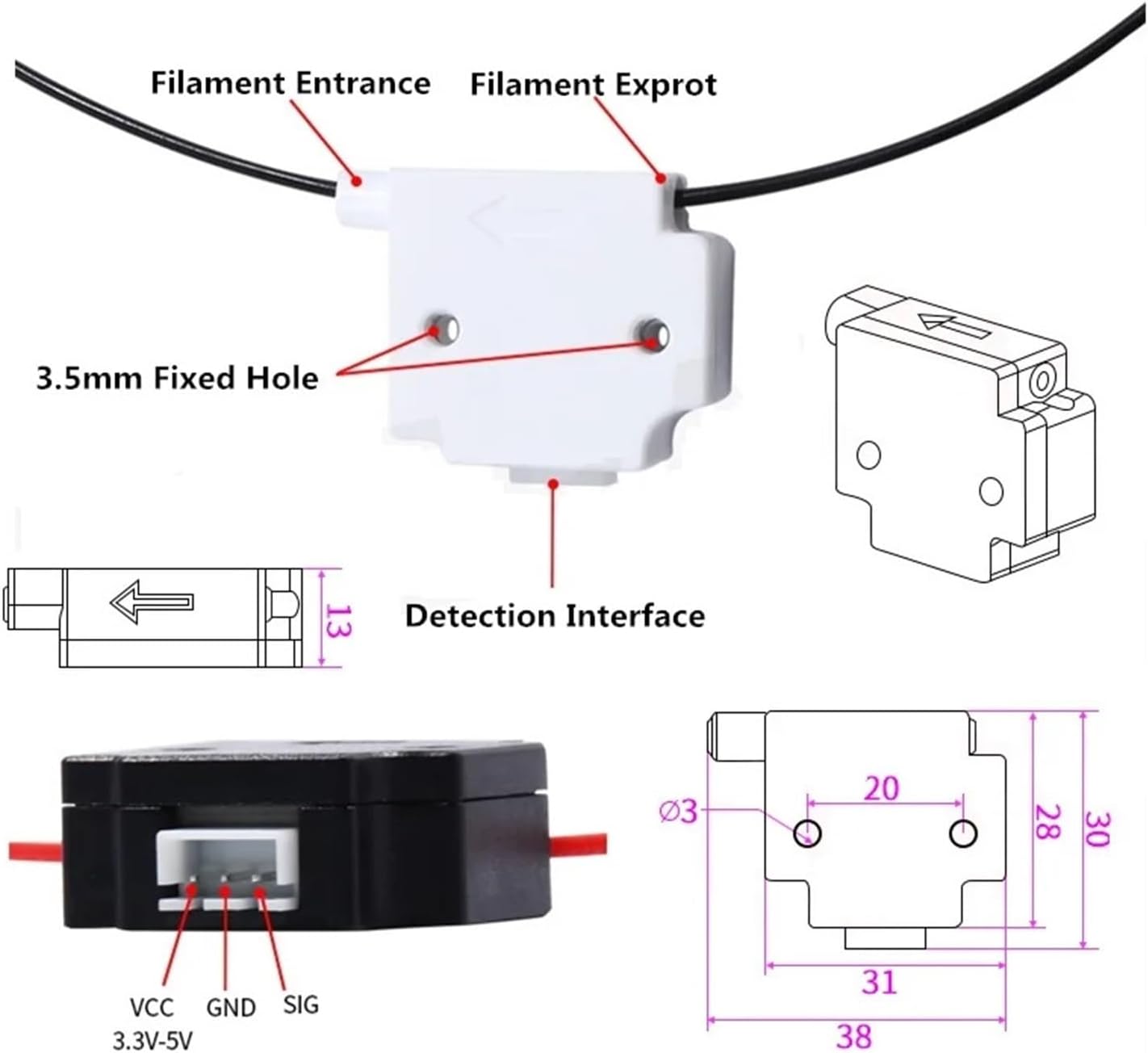 2pcs Filament Break Detection Module with 1 Meters Runout Detector Sensor 3D Printer Parts for 1.75mm Filament Shortage(1pc Black 1pc Trans)(1pc Black 1pc Trans)